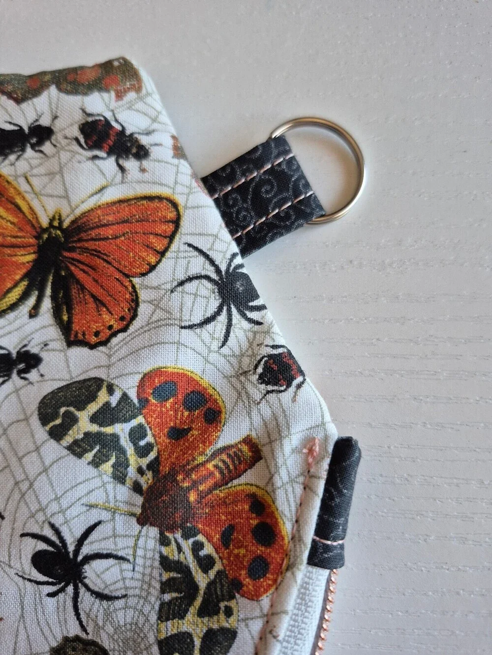 coffin pouch w/ spiders, moths, and Bettles, caught in a web in creme backing